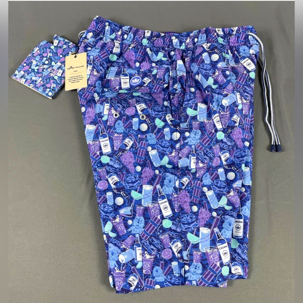 Peter Millar Swim Trunks Seaside Transfusion Boom Boom Print Blue Polyester